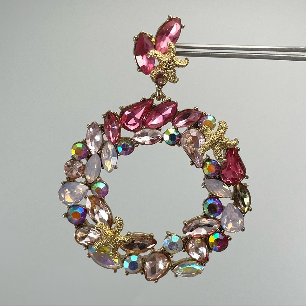 Betsey Johnson Pink Crystal Sea Life Earrings Gold Tone Statement Dangle
